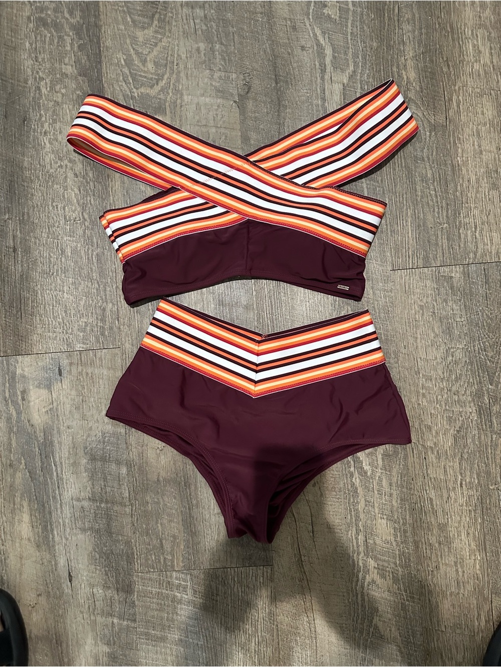 XOXO Burgundy Bikini with Orange, White & Black Striped Wrap Band